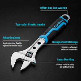DURATECH 10 Inch Adjustable Wrench, 3-in-1 Spanner with Box End/Hex Function, CR-V Steel, Metric & SAE Scales, Chrome-plated, Bi-material soft Grip