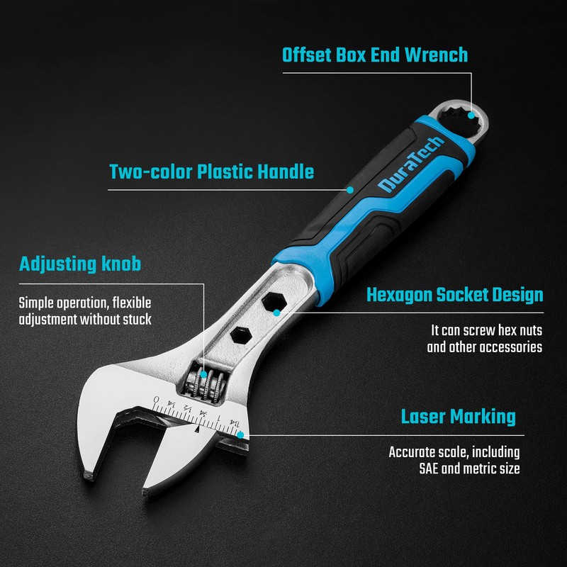 DURATECH 10 Inch Adjustable Wrench, 3-in-1 Spanner with Box End/Hex