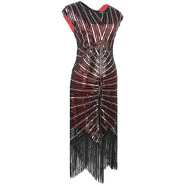 Women 1920s Vintage Flapper Fringe Beaded Gatsby Party Mardi-Gras Dress with 20s Accessories Set (Red Silver, Medium)