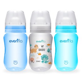 Evenflo Biberón Anticólicos Forest, Diseño de Dinosaurio, Cuello Ancho, 270ml/9oz, Azul y Turquesa, Flujo Medio, Sistema de Ventilación, 3 Piezas, para Bebés de 3 Meses en Adelante