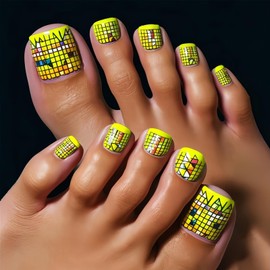 Chessboard Pattern Press on Toenails French Tip Fake Toenails Short Square Stick on Toenails Yellow Glue on Toenails Full Cover Acrylic Toenails Glossy Artificial False Toenails for Women Girls 24Pcs