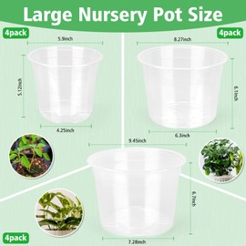DUNPUTE 6/8/10 Inch Large Clear Nursery Pots with Drainage, 12 Pack Plastic Pots for Plants, Ideal Seedling Pots and Plant Pots for Vegetables, Orchids, Aloe, Indoor Outdoor Use (6 8 10 inch)