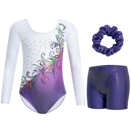 Gogokids Girls' Three Piece Long Sleeve Gymnastics Jersey Set - Children's Gymnastics Outfits with Colour Gradient Sequin Design, Includes Gymnastics Jersey, Shorts and Headband, Sparkling Ballet