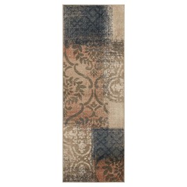 Superior Indoor Runner Rug, Plush Carpet Cover for Hallway, Entry, Office, Living Room, Hardwood, Tile or Carpet Cover, Distressed Abstract Damask, Bristol Collection, 2' 7" x 8', Midnight Navy-Salmon