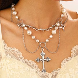 Cross Necklace Pearl Necklace for Women,Gothic Cross Pearl Pendant Necklace Cubic Zirconia Pearl Necklace Vintage Cross Necklace Bride Wedding Prom Dress Jewerly