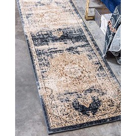 Unique Loom Chateau Distressed Vintage Traditional Textured Area Rug_VIL001, 2 Feet 7 Inch x 10 Feet, Beige/Navy Blue
