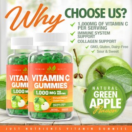 Vitamin C Gummies 1000mg for Adults & Kids - Maximum Strength Chewable Immune Support, Collagen Support - Sour Green Apple Flavor - Gluten Free, Non-GMO, Vegetarian - 90 Gummies (30 Servings)