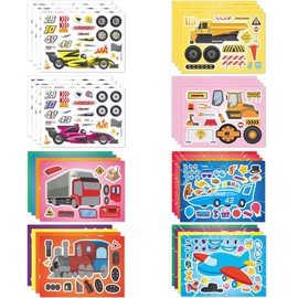 Sport Cars Construction Vehicle Tool Vehicles Planes Helicopter Aircraft Taxi - 4 Themes 32 Sheet Make Your Own Stickers for Kids - Assorted Multicolor - Time Alternative Creative Party Favors