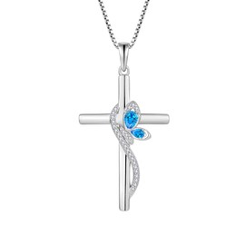 Lwsary Butterfly Cross Necklace 925 Sterling Silver Crucifix Christian Religious Pendant Aquamarine Necklace March Birthstone Jewelry Gifts for Women