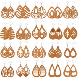 MTLEE 20 Pairs African Wooden Dangle Earrings Lightweight Ethnic Style Drop Earrings Geometric Wooden Earrings for Women(Elegant Style)