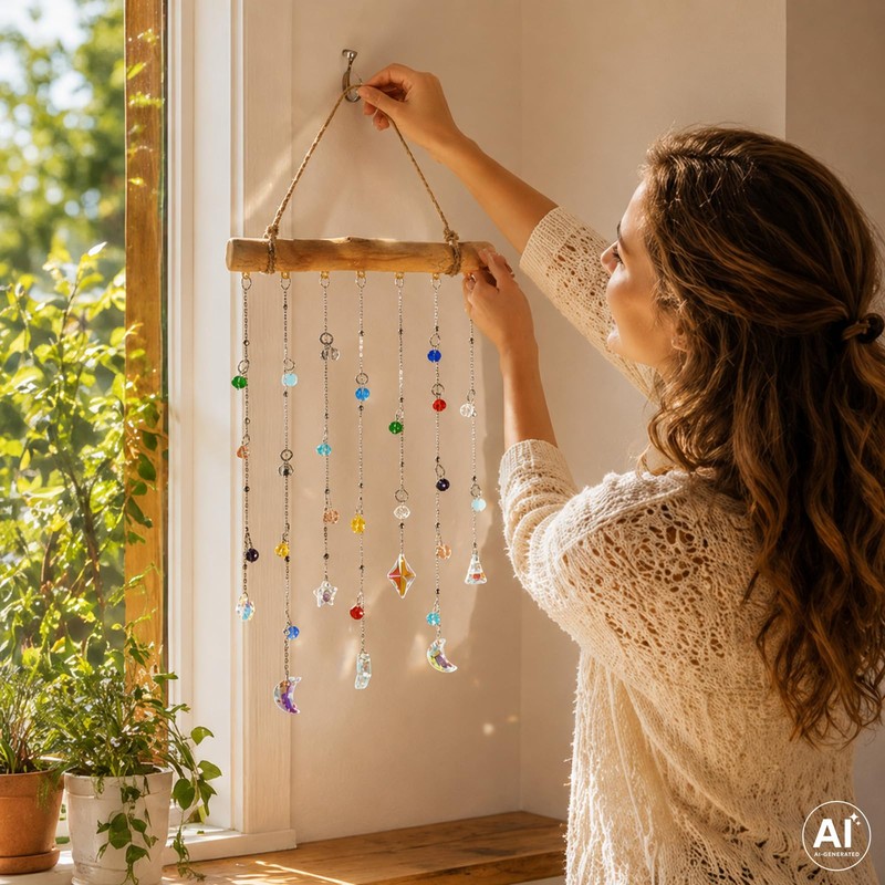 Crystal Sun Catcher,Rainbow Suncatcher Wooden Hanging Prism Window Decor