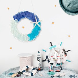 Sea Glass Wreath - Handmade 8.5 Inch Beach Wreath, Coastal Style Christmas Decor Wreaths for Home Decor, Door, Window, Kitchen Cabinet, Chair and Wall (Blue Gradient)