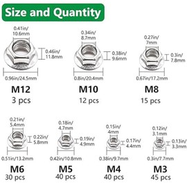 185PCS 7 Metric Sizes 304 Stainless Steel Hex Flange Nuts Assortment Kit M8 x 1.25mm Serrated Flange Nuts -M3, M4, M5, M6, M8, M10, M12