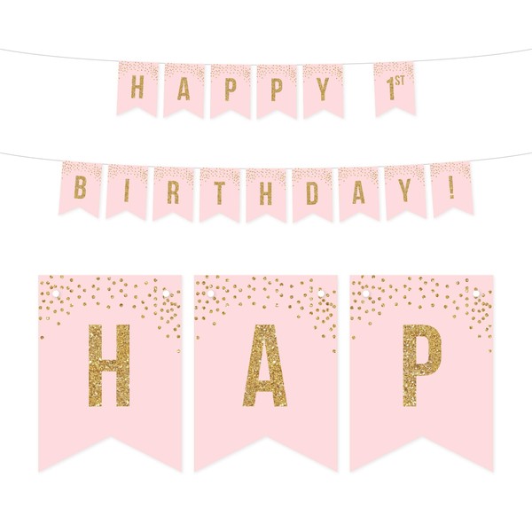 Andaz Press Blush Pink Gold Glitter Girl's 1st Birthday Party Collection, Hanging Pennant Party Banner with String, Happy 1st Birthday!, 5-Feet, 1 Set