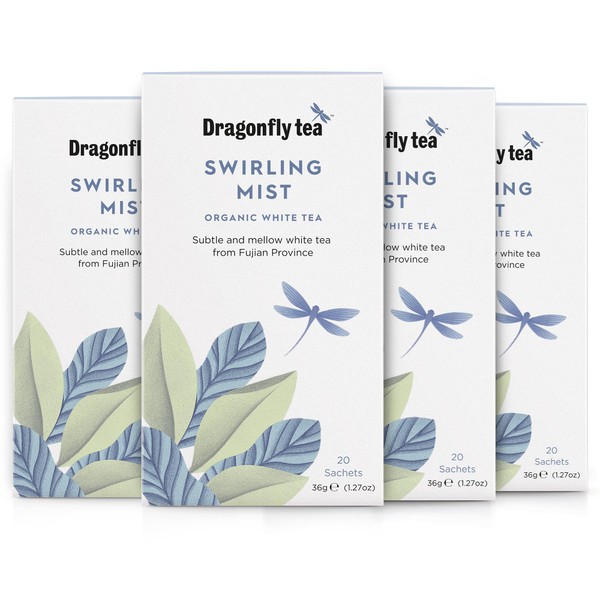 Dragonfly Swirling Mist Tea | Pack of 4 x 20 Organic Tea Bags (80 Teabags) | White Tea Bags | Compostable Tea Bags