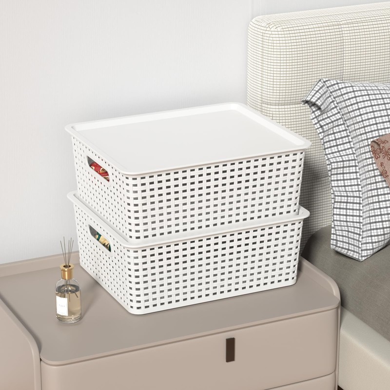 Xowine 6-Pack Plastic Woven Basket with Lids, Lidded Storage Bin,