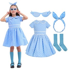 Leadtex Girl's Vintage Audrey Roakabilly Dress 1950s Retro Party A-Line Cotton Dress with Headband,Socks,Glasses(Blue no petticoat,7-8 years)