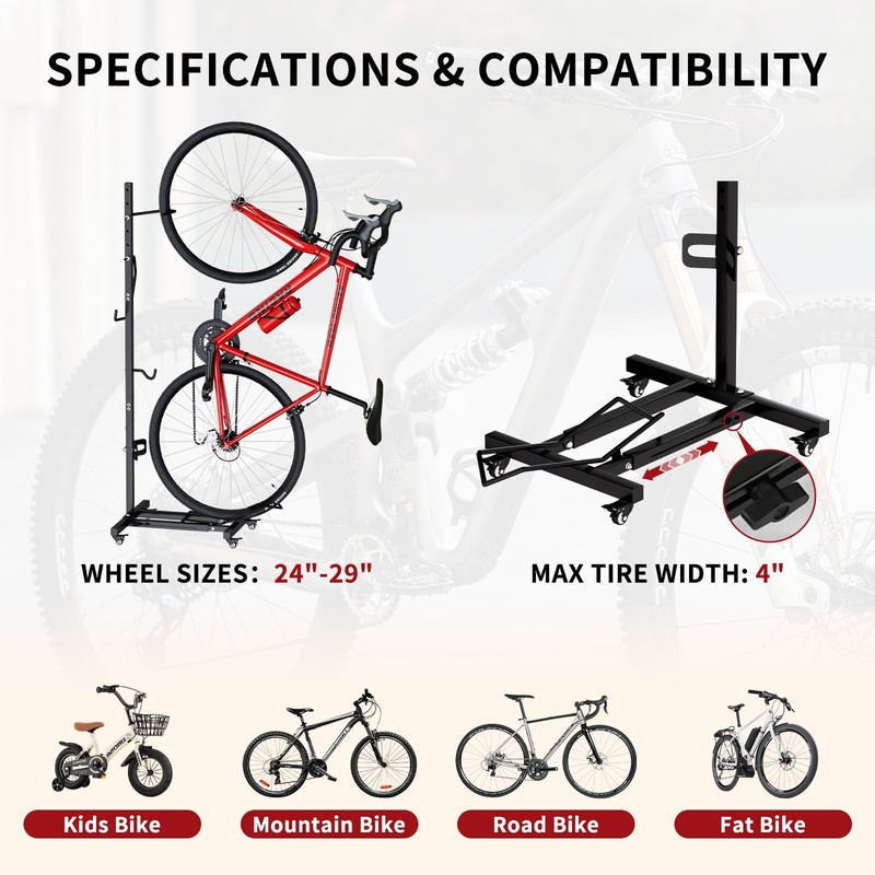 Vertical Bike Stand with Wheels, Fits 22"-29" Bikes, Tires up