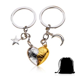 Pair of Key Chains, Heart Keyrings, Magnetic Removable Key Fob, Pendant Key Ring with Moon Sun, Stainless Steel, Anniversary Couple Gifts for Both