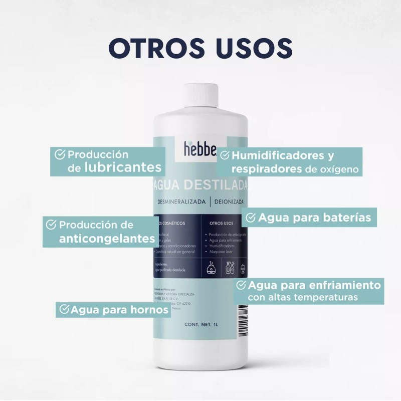 Hebbe Cosmetics Agua Destilada Deionizada Alta Pureza uso cosmetico en