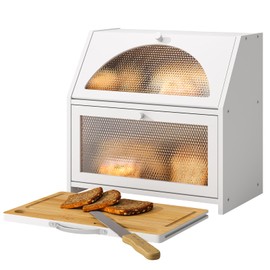STDDRE Bamboo Bread Box with Cutting Board, Double Layer Extra Large Bread Storage Bin with Door Panel for Kitchen Counter (White)