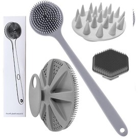 Set de 4 Cepillos de Baño de Silicona, Cepillo Corporal con Mango Largo, Cepillo Facial, Cepillo para Champú