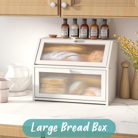Vriccc White Bread Box for Kitchen Counter, Large Bamboo Wood Double Layer Bread Box, Wooden Bread Storage Capacity