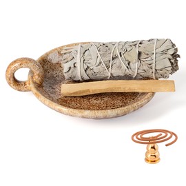 MKLZ 3 in 1 Palo Santo Holder, Sage Holder for Burning, Sage Tray with Incense Burner Holder for Sticks, Smudge Pot, Sage Burner Bowl, Ceramic Ash Catcher Tray for Meditation Room (Brown White)
