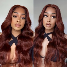 ISEE Burgundy Lace Front Wigs Human Hair Pre Plucked 6x4 HD Body Wave Human Hair Wear Go Wig Colored 10A Reddish Brown Frontal Wig 180% Density Glueless Wigs Human Hair Wig 26 Inch