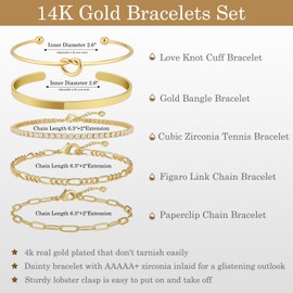 MOTIBACK 5 Pcs Gold Bracelet Set, Stackable Tennis Cuff Bangle with Cubic Zirconia, Adjustable Layered Paperclip Chain Bracelets, Dainty Jewelry Gift for Women