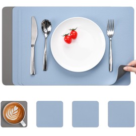 Myir JUN Leather Table Mats and Coasters, Dual-Sided Leather Placemats and Coasters Waterproof Placemats Set of 4 Place Mats Non-Slip Washable Table Mats (Gray Sky blue, Set of 4)
