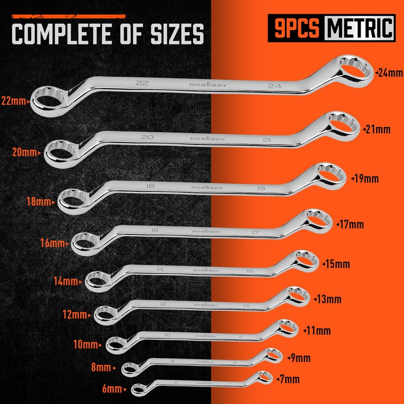 HORUSDY 9-Pece Metric Offset Box Wrench Set with Rolling Pouch,