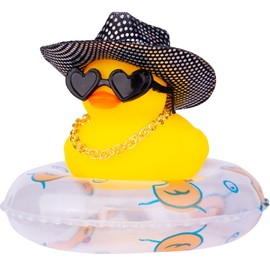 MuMyer - Patos de goma para coches, tablero de instrumentos, patos de vaquero, adornos de coche, accesorios de decoración de tablero de pato amarillo, con mini disco, sombrero de vaquero, anillo de