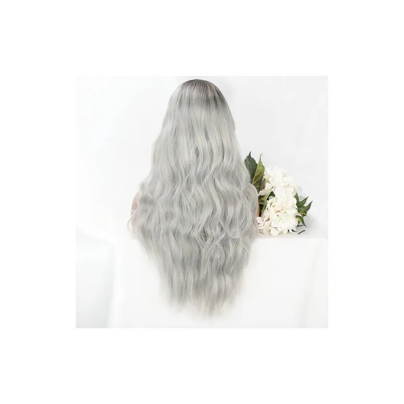 Peluca Larga De Mujer Color Gris Degradado Pelo Ola Natural