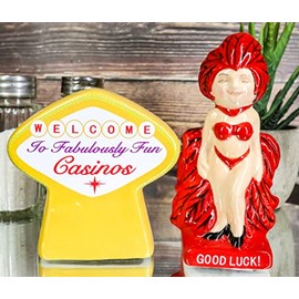 Ebros Gift Gambling Casino Las Vegas Inspired Welcome to Fabulously Fun Casinos and Good Luck Pin Up Burlesque Show Girl in Red Salt and Pepper Shakers Ceramic Magnetic Figurine Set