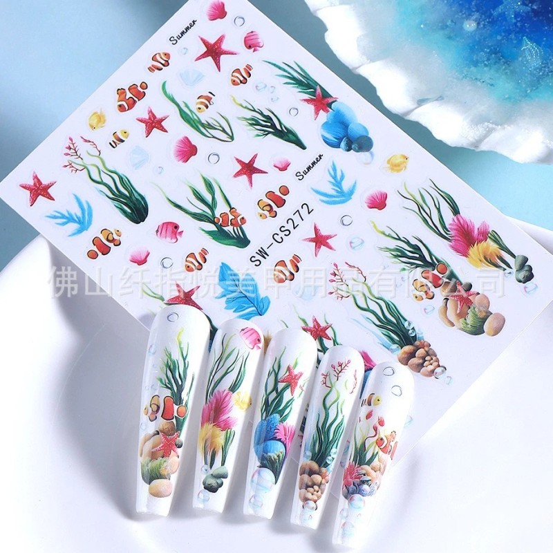 Unbranded 2Pcs Set Nail Stickers Clownfish Seaweed Starfish Ocean Peel