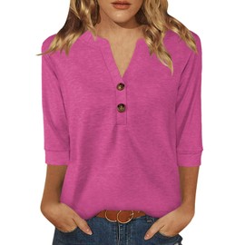 Dimur Womens Tops Trendy 2025 Spring Summer V Neck Button Down 3/4 Sleeve Shirts Cute Ladies Tops and Blouse Rose Medium