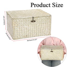 Hipiwe Wicker Shelf Baskets Bin with Lid, Large Natural Seagrass Basket Storage Bins Handwoven Rectangular Household Basket Boxes for Shelf Wardrobe Home Organizer and Decor, Whitewash