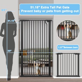 51.18" Extra Tall Cat Gate for Doorway 48.5"-56.2" Wide Auto Close Tall Pet Gate No Drilling Pressure Mounted for Hallway Kitchen,Black