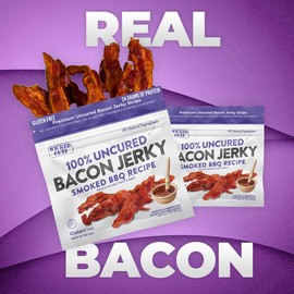 Smoked BBQ Recipe Bacon Jerky | Tender, Flavorful, Easy to Chew, Premium Craft Bacon Jerky with 24g of Protein Per Bag, Gluten Free, High Protein, Low Calorie, Healthy Snacks for Adults (2 Bags)