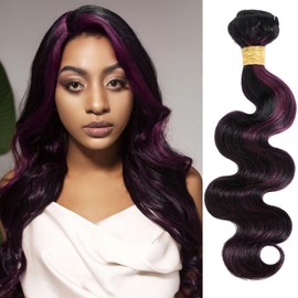 ALHER Black Mix Dark Burgundy Highlight Bundle Human Hair Body Wave, 10A Soft Thick Single Bundle Wavy 100% Remy Human Hair Midnight Purple Highlight Two Tone Color (#1B/Purple, 10 Inch)