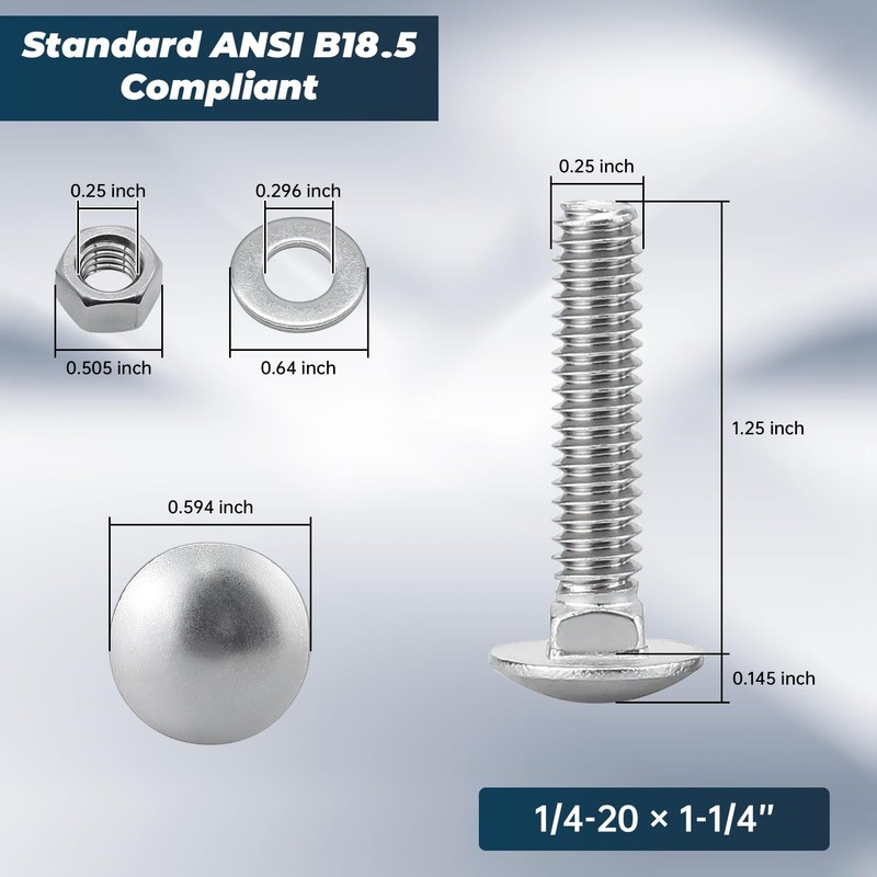 1/4-20 x 1-1/4 Inch Carriage Bolt Kit, 304 Stainless Steel