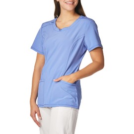 Infinity Cherokee Round Neck Nurse Scrub Tops for Women with 3 Pockets 360 Stretch & Wrinkle-Resistant 2624A, XS, Ciel