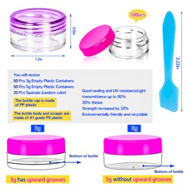 MotBach 100 PCS Empty Plastic Containers with Colored Lids,Small Makeup Sample Containers,Mini Sample Pot Jars Round Cosmetic Jars with Spatula for Liquid Sample Powder Cream Lotion,Half 3g Half 5g