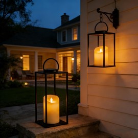 Set of 2 Large Solar Lanterns Outdoor Lighting 18 & 11 Inch - Black Metal Waterproof for Porch, Patio, Garden Decor, Farmhouse Style All Year Round with Solar Candles