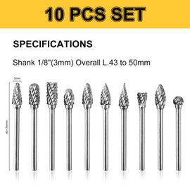 CaRoller Tungsten Carbide Burr Set, 1/8" Shank 10PC Double Cut Die Grinder Rotary Tool Cutting Burrs Set for Metal and Wood Working Carving, Engraving, Polishing, Grinding with Clear Storage Case