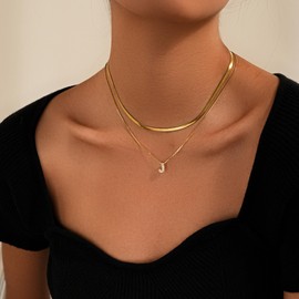 KLSURPRISE2 Bubble Letter Necklace for Women – Gold Zircon Initial Necklaces 18k Dainty Gold Plated Non-Tarnish Herringbone Layered Necklaces Hypoallergenic Gift (J)