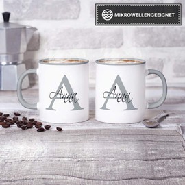 Tassendruck Edle personalisierte Namens-Tassen mit Ihrem Anfangsbuchstaben und Namen - Namenstasse/Geschenk-Idee/Geburtstags-Geschenk/Namenstag - Innen & Henkel Grau