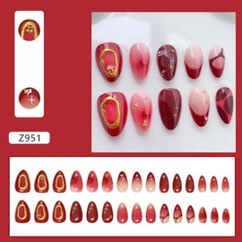 30Pcs Short Almond Press On Nails French Tip Fake Nails Star With 3D Gold Steel Ball Design Red False Nails Ombre Press Ons Acrylic Artificial Nails Glossy Glue On Nails Stick On Nails For Women