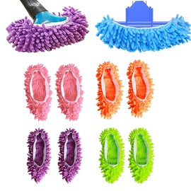 Mop Slippers, Mop Slippers Shoes For Floor Cleaning, Shoe Cover, Sock Slipper,4 Pairs/8 Pcs Chenille Removable And Washable Indoor Shoes Covers (Pink, Purple, Orange And Green)